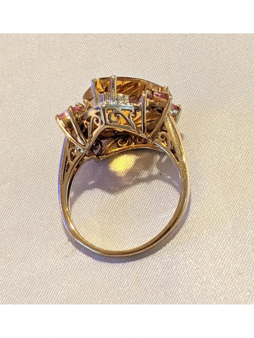 VTG Trillion Cut Citrine And Pink Tourmaline Fancy 10K Gold Cocktail Ring Size 8
